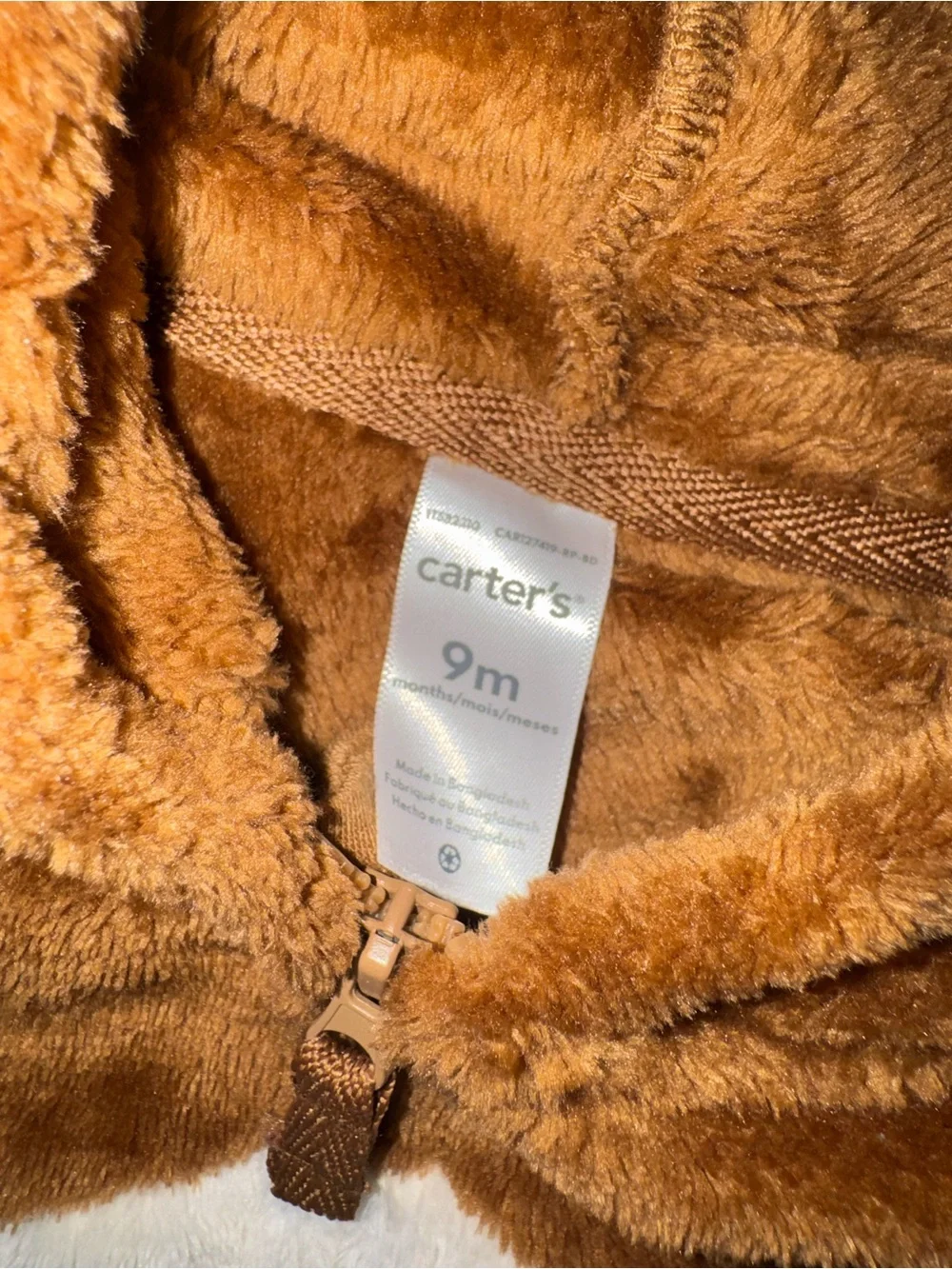 Carter's Plush Brown Hooded Zip-Up Romper